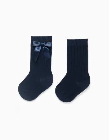 Ribbed Knee High Socks with Bow for Baby Girls, Dark Blue