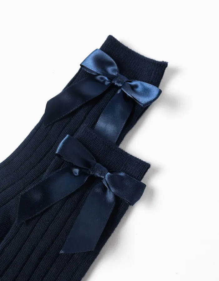 Ribbed Knee High Socks with Bow for Baby Girls, Dark Blue