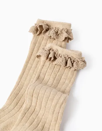 Ribbed High Socks with Crochet for Baby Girls, Beige