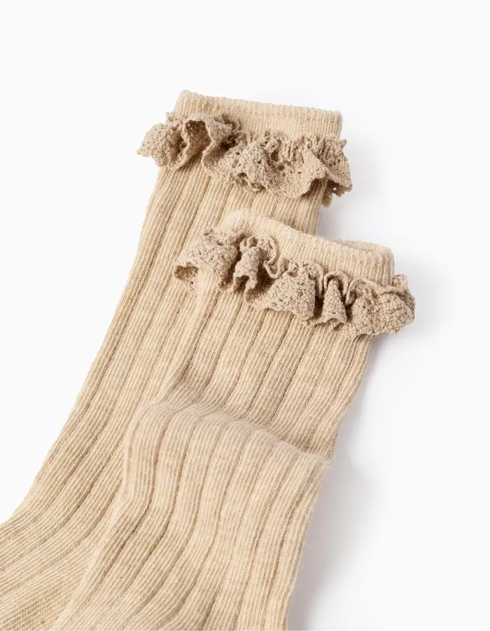 Ribbed High Socks with Crochet for Baby Girls, Beige