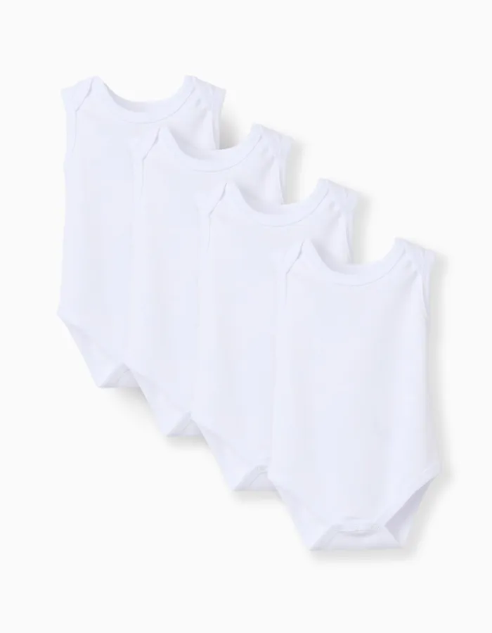 Pack of 4 plain sleeveless bodysuits for newborns and babies, white