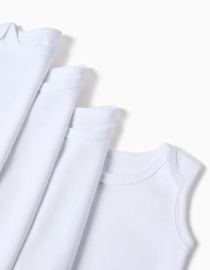 Pack of 4 plain sleeveless bodysuits for newborns and babies, white