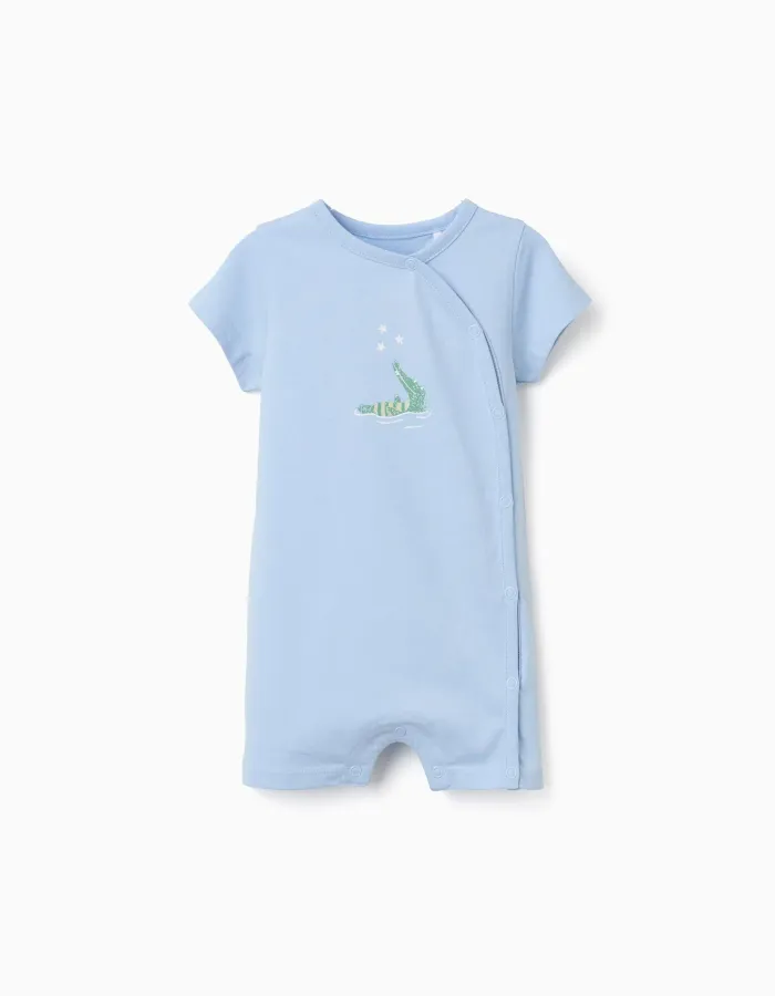 Cotton romper with crocodile print for newborn and baby boys, blue