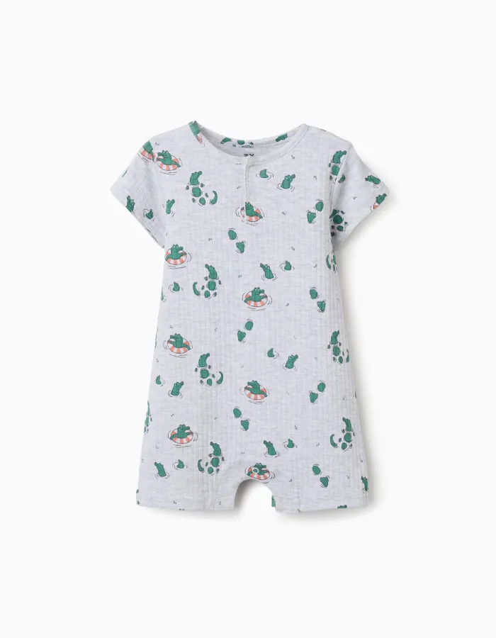 Ribbed romper with alligator motif for newborn and baby boys, grey