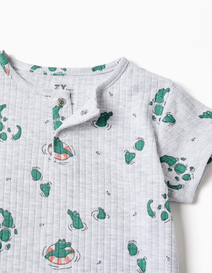 Ribbed romper with alligator motif for newborn and baby boys, grey