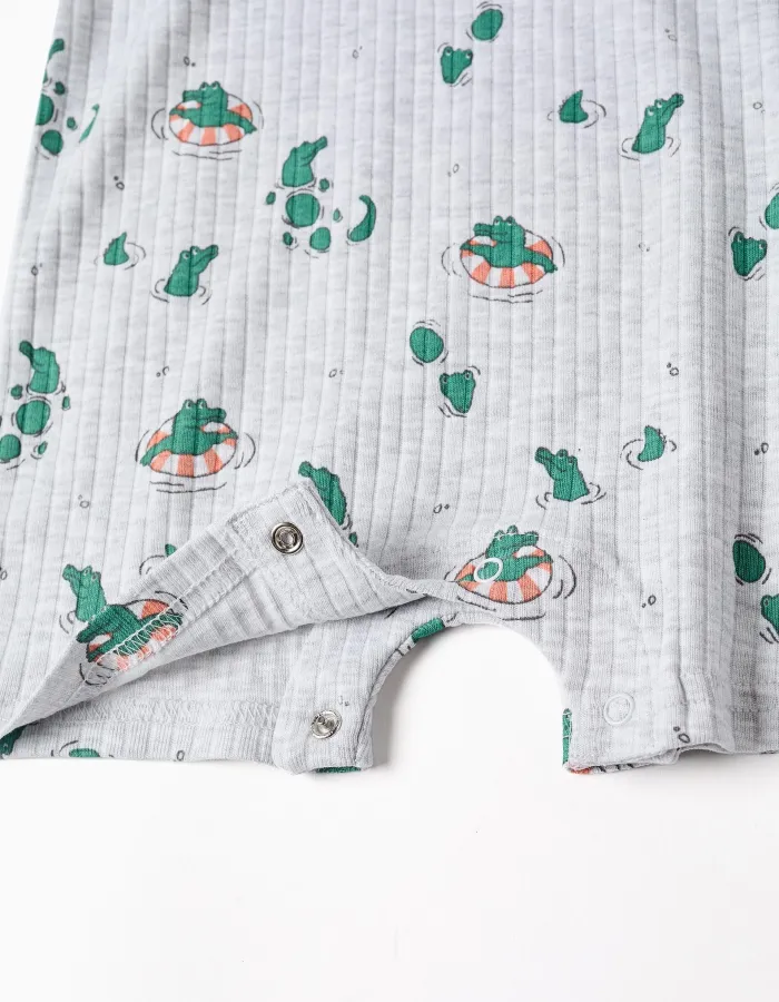 Ribbed romper with alligator motif for newborn and baby boys, grey