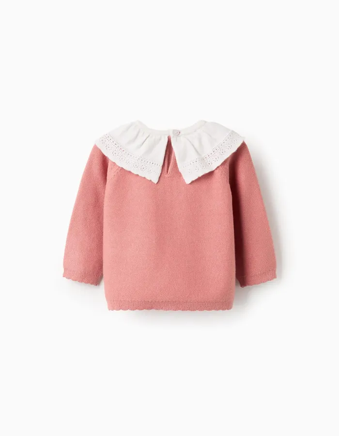 Knitted Jumper with Maxi Collar for Newborn Girls, Pink/White