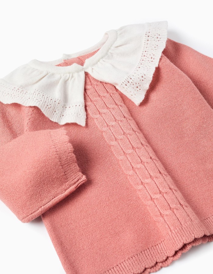 Knitted Jumper with Maxi Collar for Newborn Girls, Pink/White
