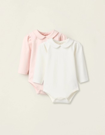 Pack of 2 Bodysuits with Peter Pan Collar for Newborn Girls, White/Pink