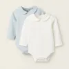 Pack of 2 Bodysuits with Peter Pan Collar for Newborn Girls, White/Blue