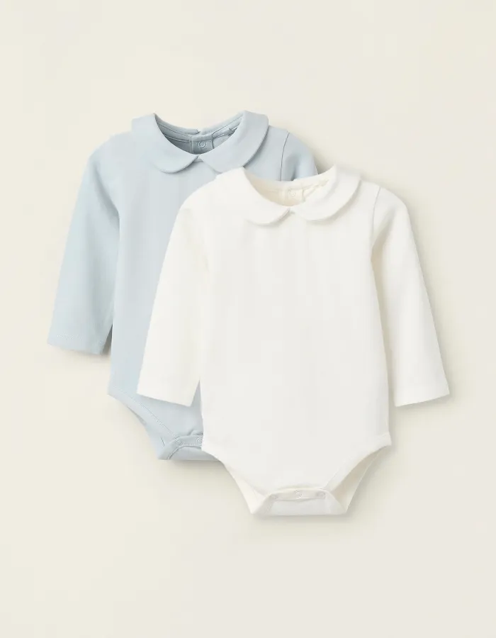 Pack of 2 Bodysuits with Peter Pan Collar for Newborn Girls, White/Blue