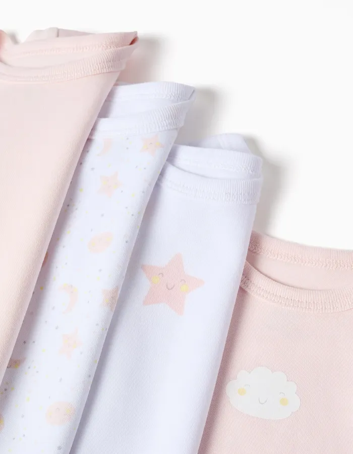 Pack of 4 Cotton Bodysuits for Baby Girls 'Moon & Star', White/Pink