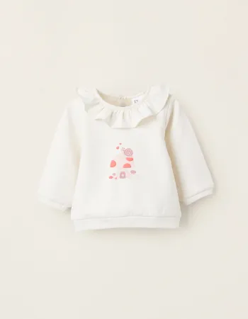 Brushed Sweatshirt with Ruffles for Newborn Girls 'Mushrooms', White
