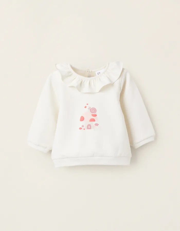 Brushed Sweatshirt with Ruffles for Newborn Girls 'Mushrooms', White