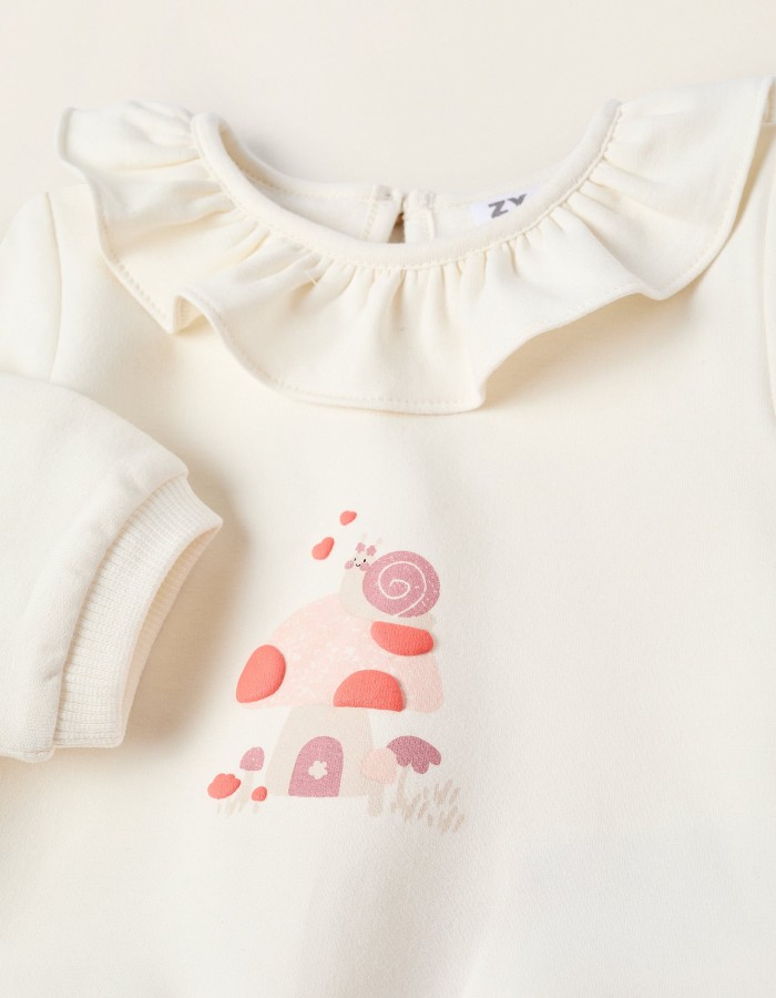 Brushed Sweatshirt with Ruffles for Newborn Girls 'Mushrooms', White