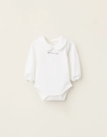 Bodysuit with Peter Pan Collar and Ruffles for Newborn Girls 'Blooming', White