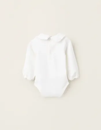 Bodysuit with Peter Pan Collar and Ruffles for Newborn Girls 'Blooming', White