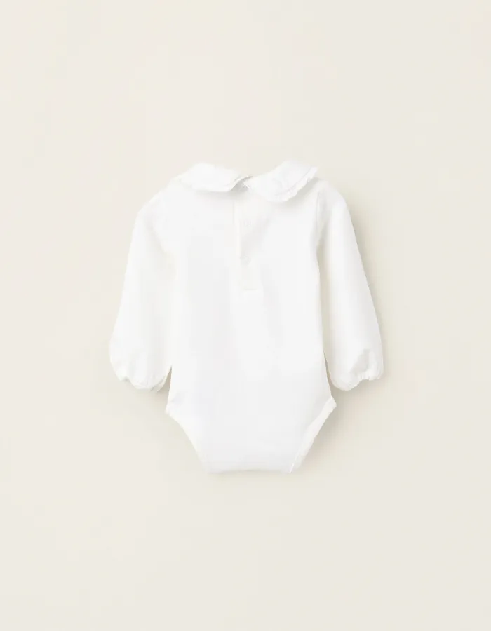 Bodysuit with Peter Pan Collar and Ruffles for Newborn Girls 'Blooming', White