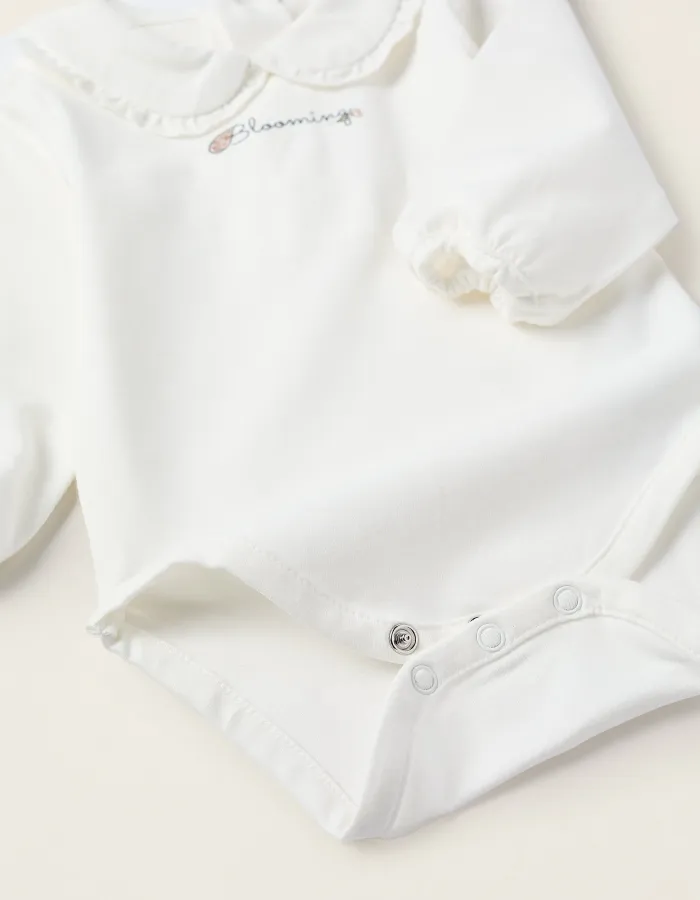 Bodysuit with Peter Pan Collar and Ruffles for Newborn Girls 'Blooming', White