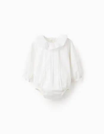 Bodysuit with Pleated Detail and Frill Collar for Newborns, White