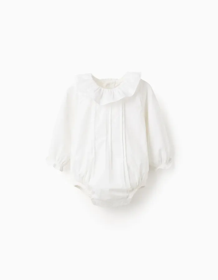 Bodysuit with Pleated Detail and Frill Collar for Newborns, White