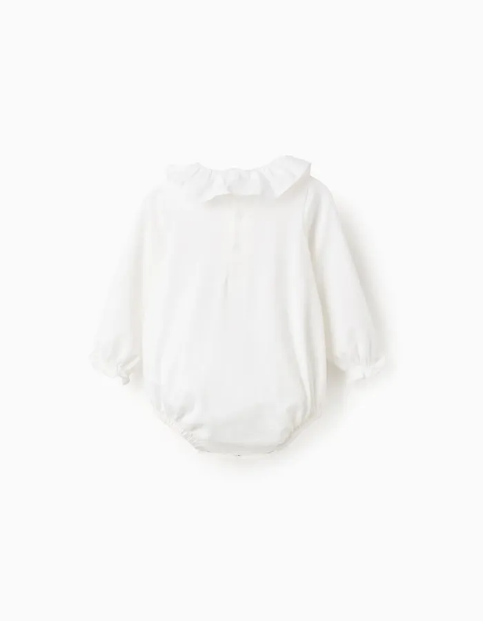 Bodysuit with Pleated Detail and Frill Collar for Newborns, White