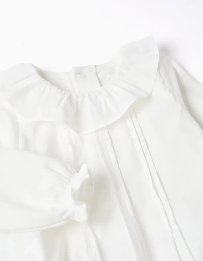 Bodysuit with Pleated Detail and Frill Collar for Newborns, White