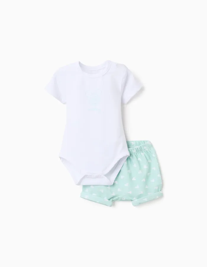 Mickey Print Bodysuit + Shorts for Newborn, White/Green