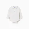 Long sleeve polo-bodysuit with stripes for newborn boys, white/beige