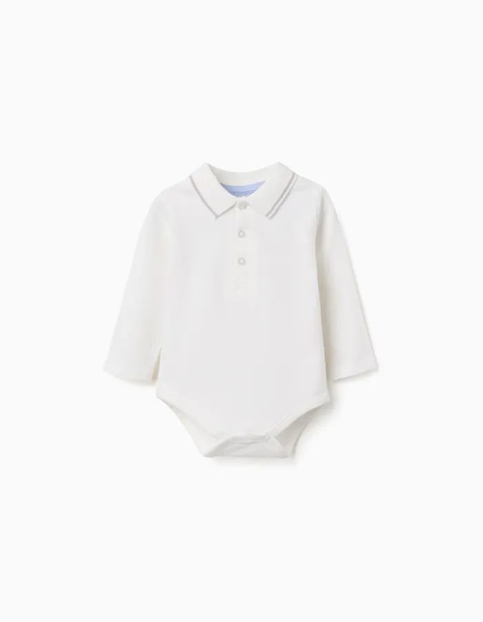 Long sleeve polo-bodysuit with stripes for newborn boys, white/beige