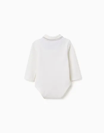Long sleeve polo-bodysuit with stripes for newborn boys, white/beige