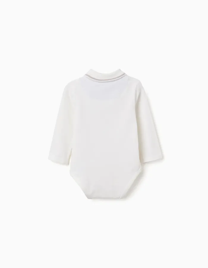 Long sleeve polo-bodysuit with stripes for newborn boys, white/beige