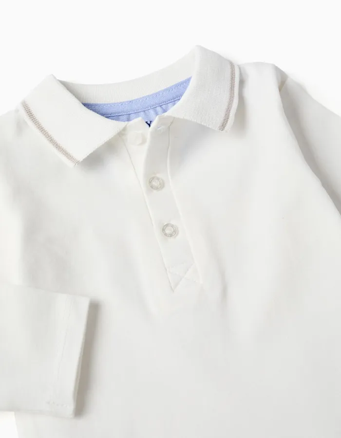 Long sleeve polo-bodysuit with stripes for newborn boys, white/beige