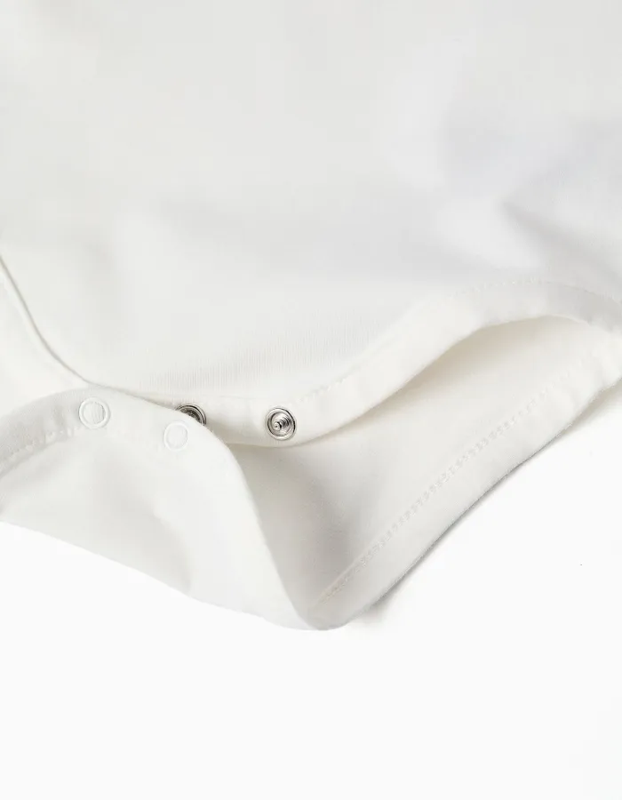 Long sleeve polo-bodysuit with stripes for newborn boys, white/beige