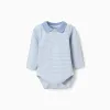 Long sleeve polo-bodysuit with stripes for newborn boys, white/blue