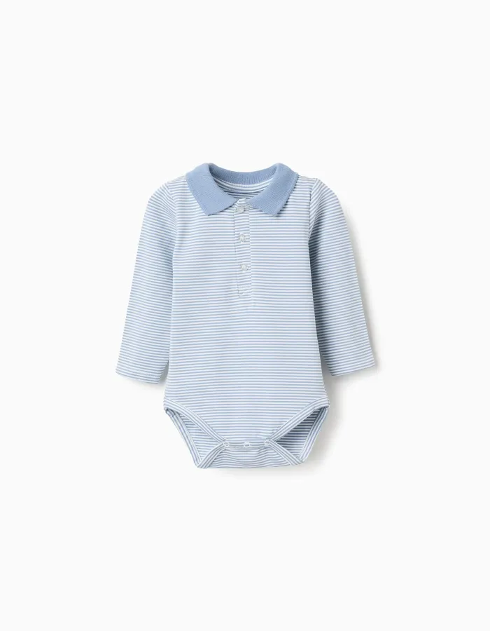 Long sleeve polo-bodysuit with stripes for newborn boys, white/blue