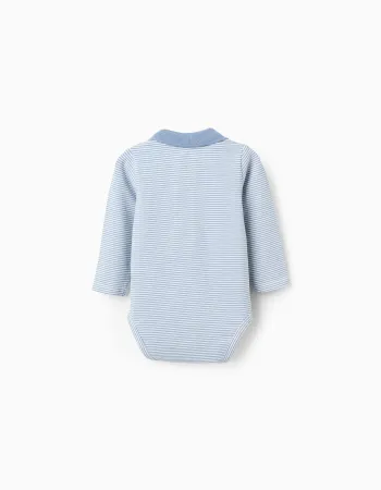 Long sleeve polo-bodysuit with stripes for newborn boys, white/blue
