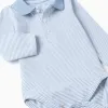 Long sleeve polo-bodysuit with stripes for newborn boys, white/blue