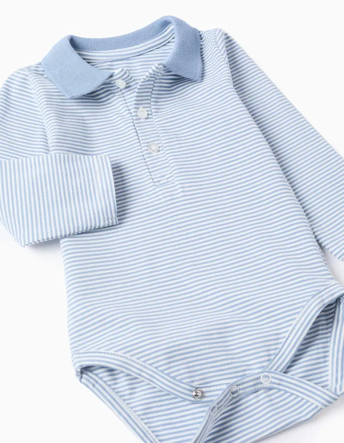Long sleeve polo-bodysuit with stripes for newborn boys, white/blue