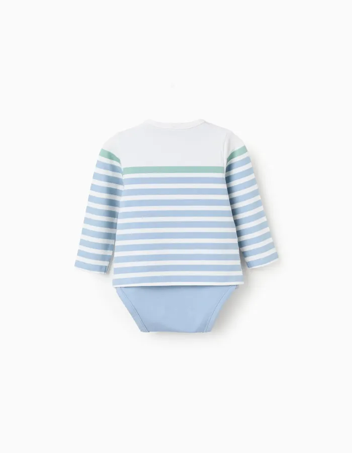 Long sleeve bodysuit with stripes for newborn boys, blue/white/green