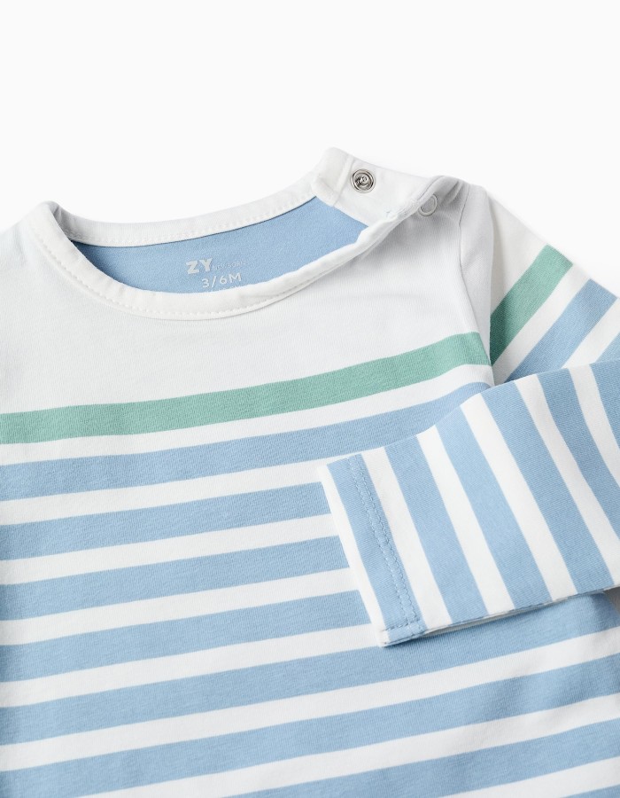 Long sleeve bodysuit with stripes for newborn boys, blue/white/green