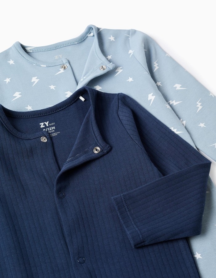 Pack of 2 ribbed/printed cotton babygrows for newborn and baby boys, blue