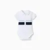 Cotton polo bodysuit with stripes for newborn boys, white/blue
