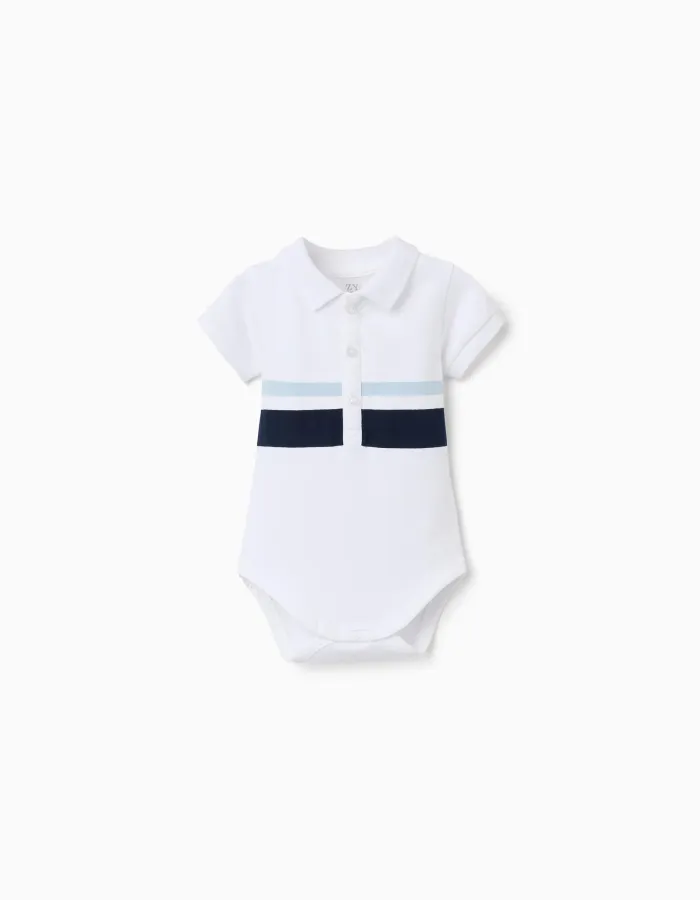 Cotton polo bodysuit with stripes for newborn boys, white/blue