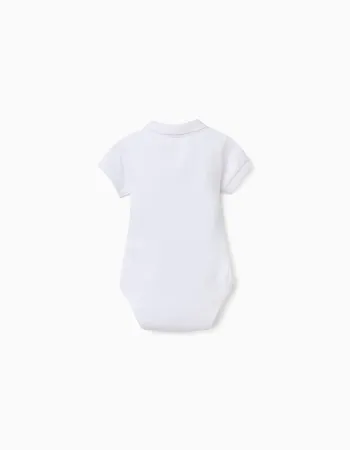 Cotton polo bodysuit with stripes for newborn boys, white/blue