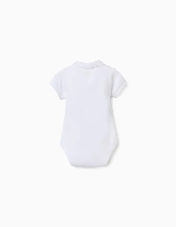 Cotton polo bodysuit with stripes for newborn boys, white/blue
