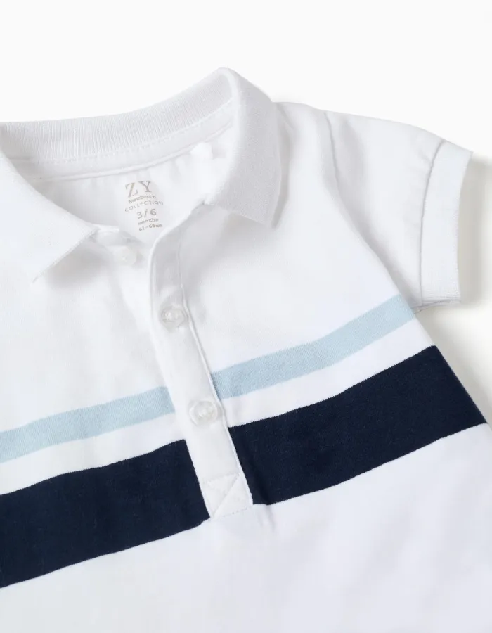 Cotton polo bodysuit with stripes for newborn boys, white/blue