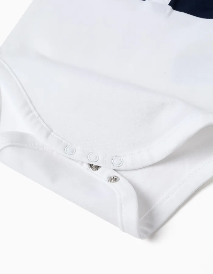Cotton polo bodysuit with stripes for newborn boys, white/blue