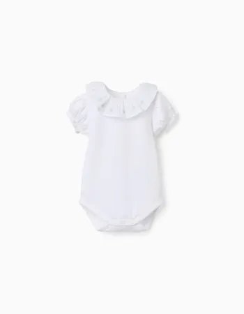 Cotton bodysuit with embroidered collar for newborn girls, white/green