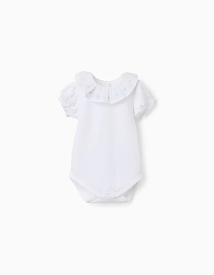Cotton bodysuit with embroidered collar for newborn girls, white/green